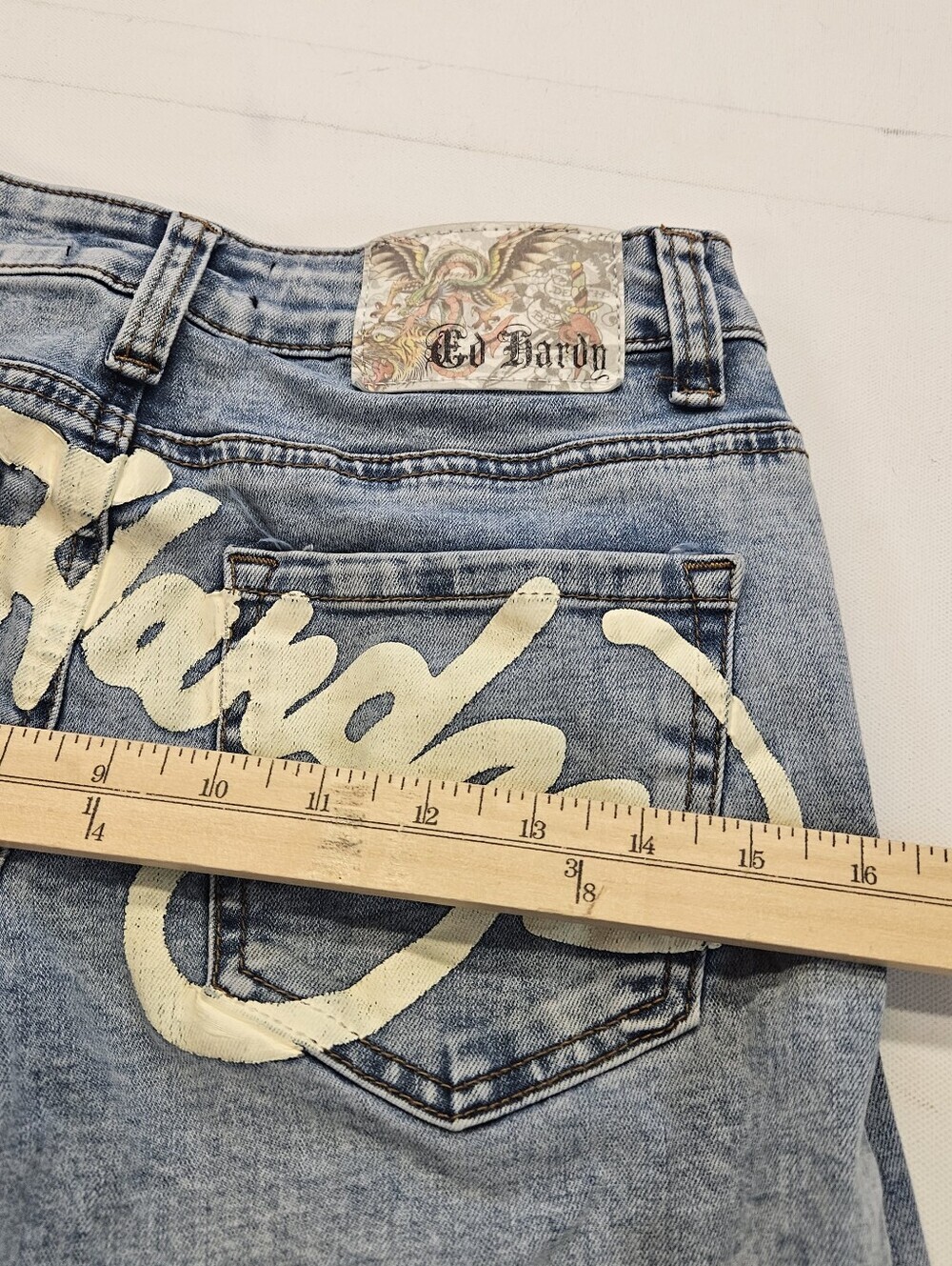 Ed Hardy Tiger Graphic Wide Leg Jeans Light Wash Blue Y2K Tattoo Size 24 - Picture 6 of 11